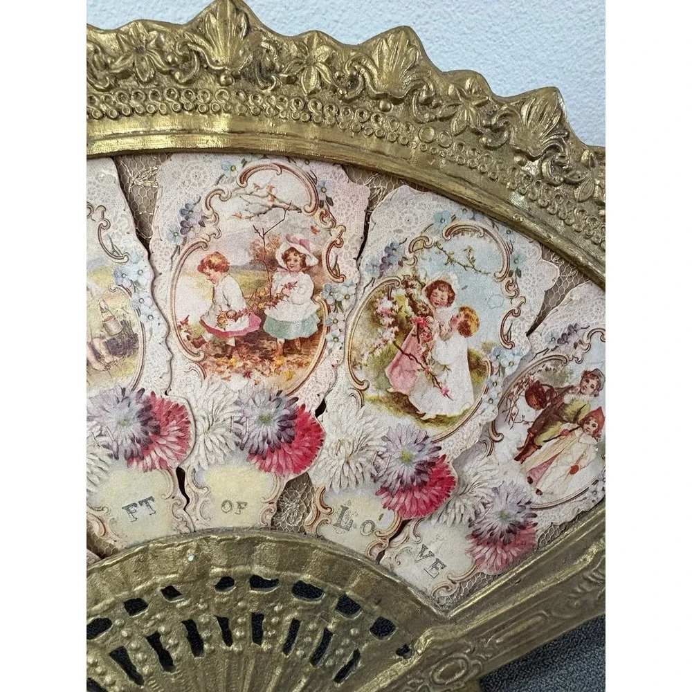 Antique Brass Fan Picture Frame With Felt Lined Stand, Art‎ Nouveau Vanity Frame